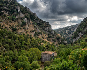 Fototapeta na wymiar the picturesque surroundings of the Peloponnese peninsula in Greece. Landscape, view of historic buildings, mountain landscape panorama of the Peloponnesian Peninsula in Greece,