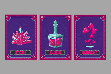 Card game collection. Fantasy ui kit with magic items. User interface design elements with decorative frame. Cartoon vector illustration. Elexire, crystal and plant.