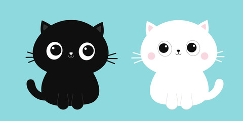 Black white cat kitten kitty icon set. Cute kawaii cartoon character. Funny face with big eyes. Happy Valentines Day. Baby greeting card tshirt sticker template. Blue background. Flat design.
