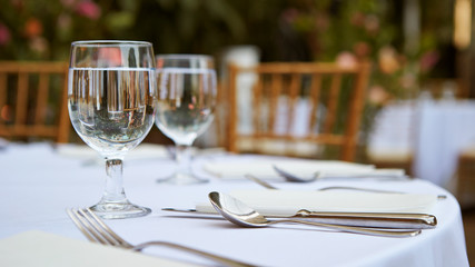 Table setting close up at restaurant 