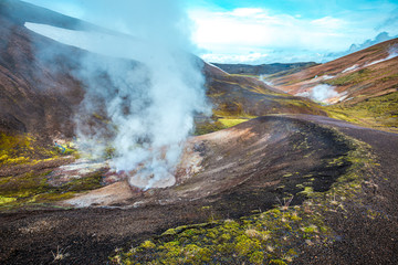 Pools of boiling water on the 54 km trek from Landmannalaugar, Iceland