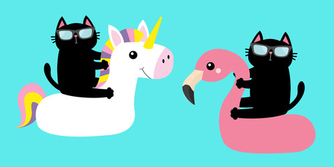 Black cat floating on white flamingo unicorn pool float water circle icon set. Swimming pool water. Sunglasses. Cute cartoon character. Hello Summer. Flat design. Blue background. Isolated. © worldofvector