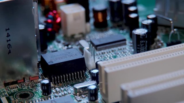 MACRO Computer Motherboard showing chips, transistors and circuits