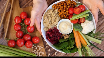 Rainbow Vegan Food, Healthy Nutrition Concept. Trendy Buddha Bowl With Chickpeas, Quinoa, Veggies.