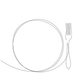 Fork and plate silhouette one line drawing, vector illustration