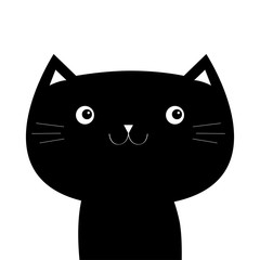 Black cat kitten kitty. Cute kawaii cartoon character. Funny face. Happy Valentines Day. Baby greeting card tshirt notebook cover print. Blue background. Isolated. Flat design.