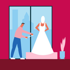 Tailor takes measurements for sewing a wedding dress. Flat vector illustration