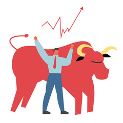 Stock market. Stock price increase. Big red bull and happy trader. Flat vector illustration