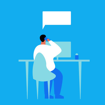 A man works on a computer and talks on the phone. Bubble speech at thr top. Flat vector illustration