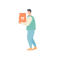 Man carries takeaway food from cafe. Flat vector illustration