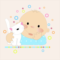 Cute little baby boy and kitten friends vector character illustration 