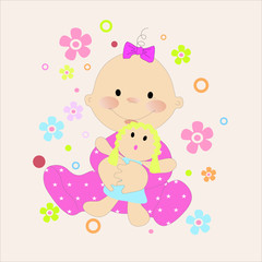 Funny little baby girl and doll vector character illustration