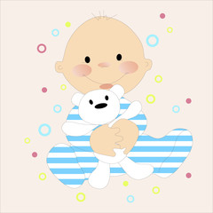 Funny little baby boy and teddy bear friends vector character illustration