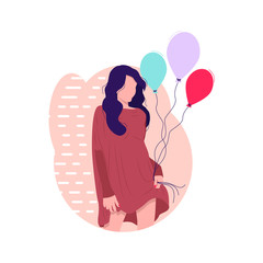 Young girl with balloons in hand vector flat illustration