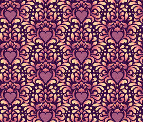 A pattern with hearts in the Baroque style. Suitable for curtains, wallpaper, fabric, tile, wrapping paper.