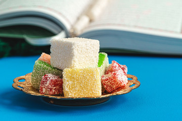 Square shaped turkish delight lokum sweets close up photo