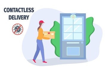 Obraz premium Contactless delivery service to home during coronavirus epidemic and quarantine. Safe shopping online and courier delivery food and goods at the door. Vector illustration in flat stye.