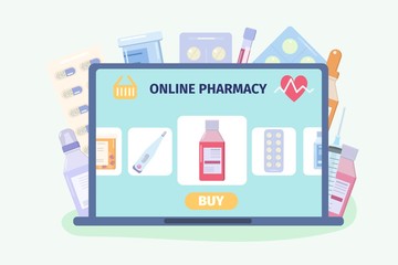 Online pharmacy store. Buy medicine from home via internet. Vector illustration in flat style.