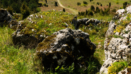 View of the Sokolich Mountains Reserve and rock stones in Olsztyn. A free space for an inscription