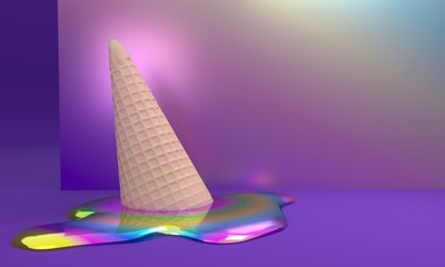 3d image of a melting holographic ice cream with a cone in front of a shiny gradient foil wall, summer themed background in purple, violet, pink, yellow, blue colors for banner, poster, landing page