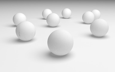 White abstract background. Set of white balls isolated on white backdrop. 3D illustration