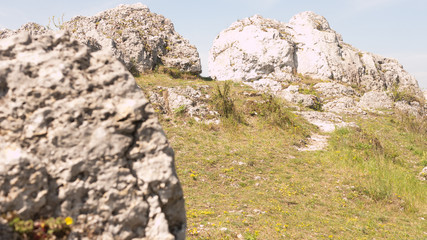 View of the Sokolich Mountains Reserve and rock stones in Olsztyn. A free space for an inscription