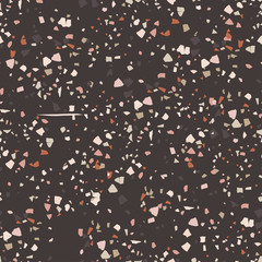 Vector terrazzo seamless pattern. Abstract textured background done from real broken small tile chips. Modern stone dark color marble wallpaper for print and web.