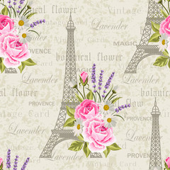 Seamless floral pattern with Eiffel towers on vintage postcard background. Vector illustration