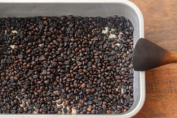 Roasted coffee bean in steel tray with wooden spatula