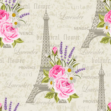 Seamless floral pattern with Eiffel towers on vintage postcard background. Vector illustration