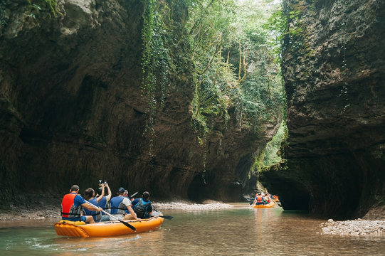 Martvili Georgia June. A group of tourists floating in a rubber boat on the river Martvili canyon