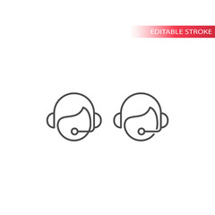Call center operator, online support assistance with headset and mic thin line vector icon. Editable stroke.