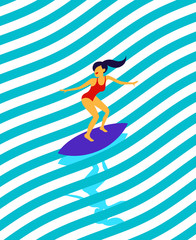 Young surf girl in red swimsuit with surfboard riding a wave. Vector illustration, summer time design for shirt print, active water sport concept.