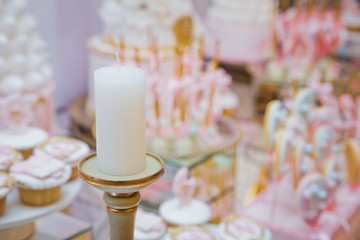 Festival, Dinner, Holiday, New year . Pink Candy Bar . Brass candle holder . Candle isolated on the blur background. Candle for night dinner,