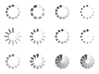 Download progress indicator set. Round load icon. Vector illustration of download or upload status icon. Collection of buffering progress circle bar. Design elements for application, internet, web.