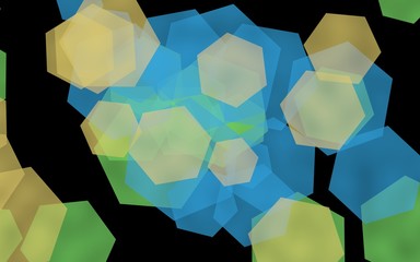 Multicolored translucent hexagons on dark background. Green tones. 3D illustration