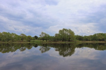 Obraz na płótnie Canvas Beautiful river, trees, reflections in the homeland of Sergei Yesenin. Spring