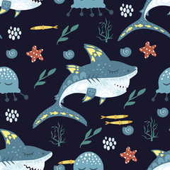 Underwater cartoon funny shark fish seamless animal vector pattern. Ornate kid sea illustration in a flat style. Tropical ocean cute summer background.