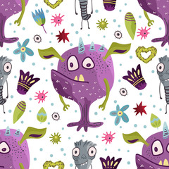 Cute cartoon monster vector seamless pattern in a flat style. Funny kid alien character background. Mutant beast animal comic wallpaper on a white background.