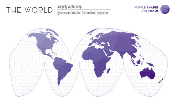 Polygonal world map. Goode's interrupted homolosine projection of the world. Purple Shades colored polygons. Stylish vector illustration.