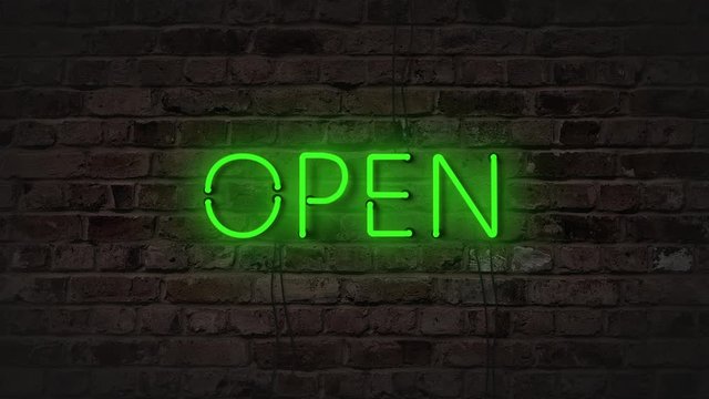 Colourful Neon Lights Open Letters Signboard. Stylish Fluorescent Lamps 80s Disco Sign Board on Brick Wall. Modern Animated Glowing Electric Lettering Open on Black Background. Minimalistic Art Word