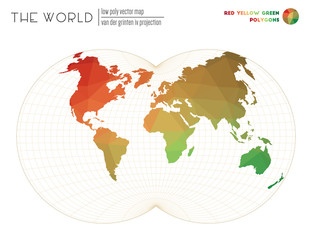 Vector map of the world. Van der Grinten IV projection of the world. Red Yellow Green colored polygons. Elegant vector illustration.