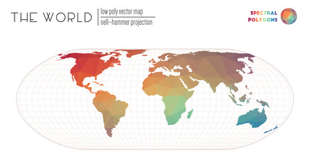 Low poly design of the world. Nell-Hammer projection of the world. Spectral colored polygons. Neat vector illustration.