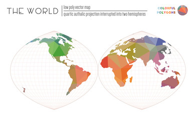 Polygonal map of the world. Quartic authalic projection interrupted into two hemispheres of the world. Colorful colored polygons. Creative vector illustration.