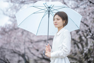 雨の中傘をさして歩く白いワンピースを着た若い女性