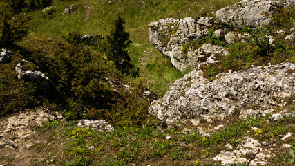 View of the Sokolich Mountains Reserve and rock stones in Olsztyn. A free space for an inscription