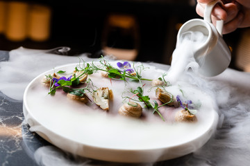 carpaccio with liquid nitrogen is watered by the waiter