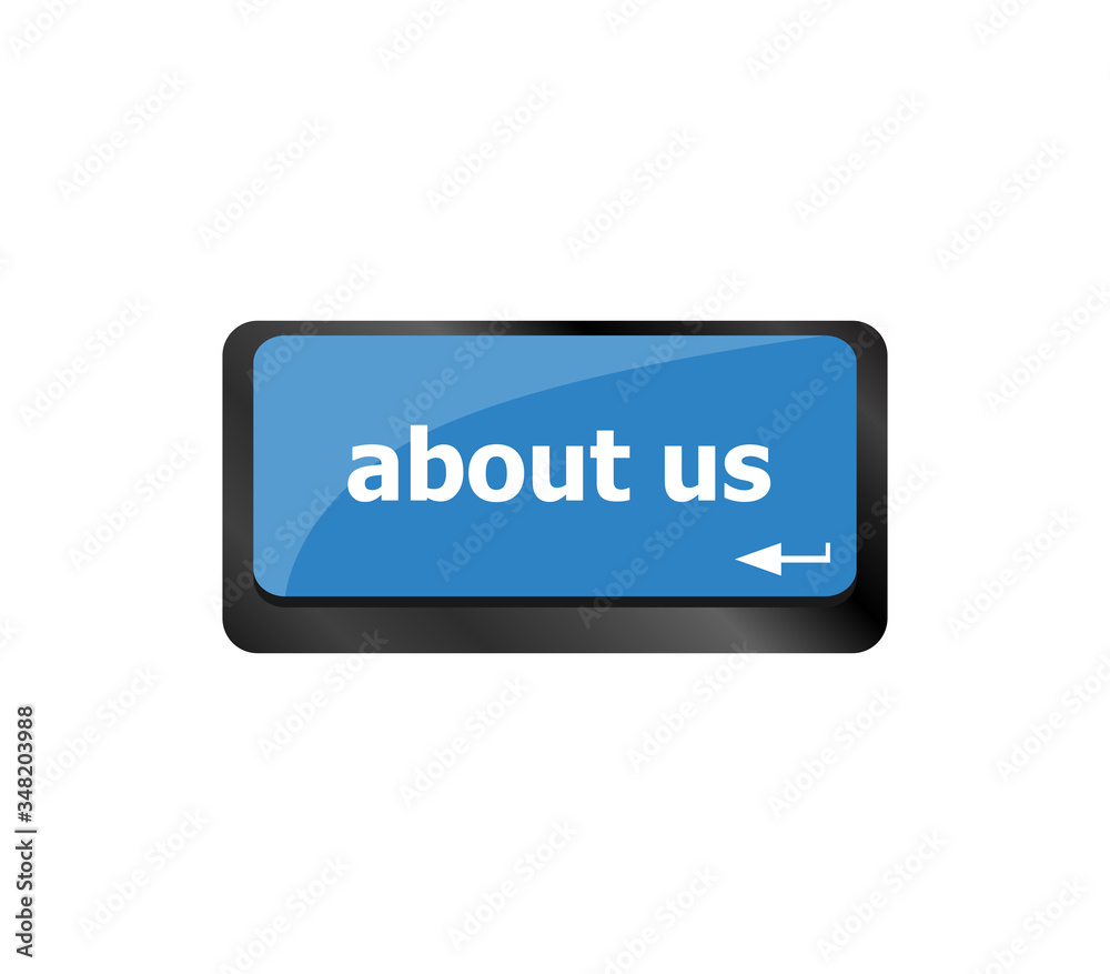 Poster marketing concept. computer keyboard with word about us, selected focus on enter button background