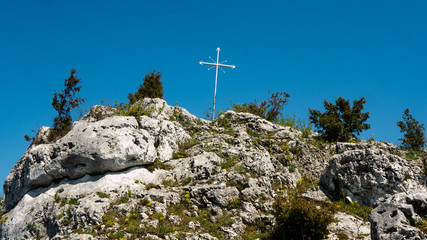 Fototapeta premium View of the Sokolich Mountains Reserve and rock stones in Olsztyn. A free space for an inscription