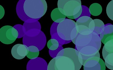 Multicolored translucent circles on a dark background. Green tones. 3D illustration